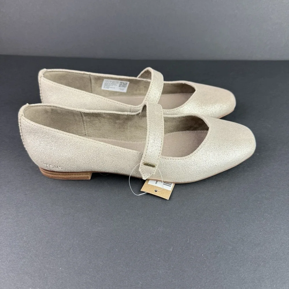TOMS Women's Bianca‎ Suede Mary Jane Flats Beige Gold Size 6 Festive